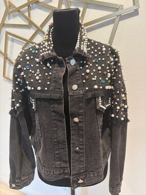 Black Denim Jacket with pearl and jewel embellishments
